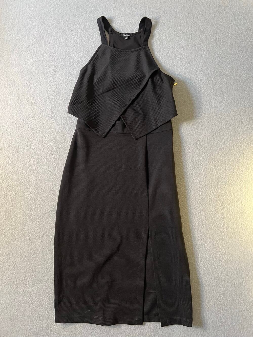 XOXO Black Layered Bodycon Midi Dress Side Slit XS